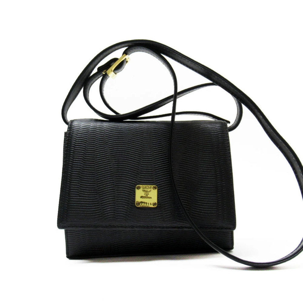 MCM Crossbody Shoulder Bag Black Gold Leather